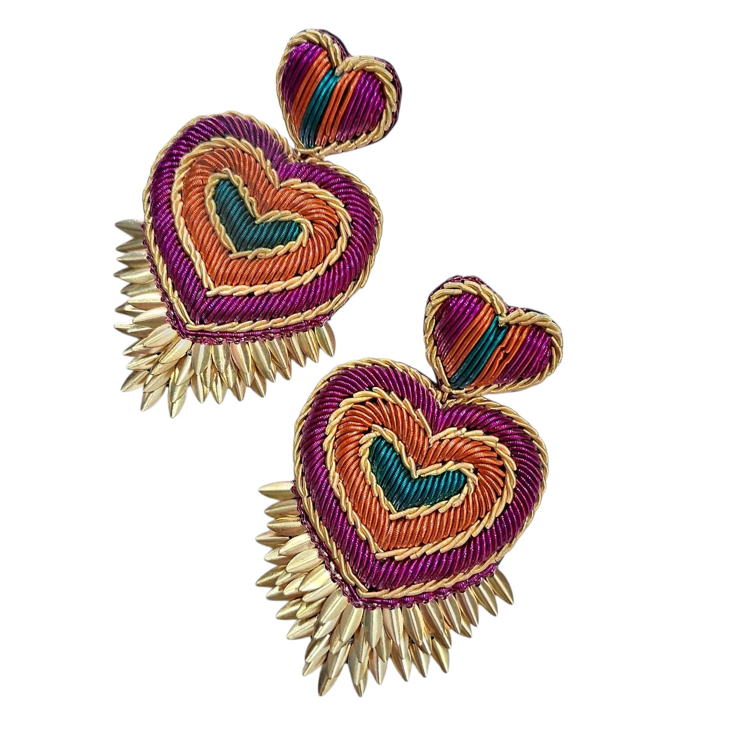 Boucles d’Oreilles Cœur Sacré Brodées à la Main avec Détails Dorés
