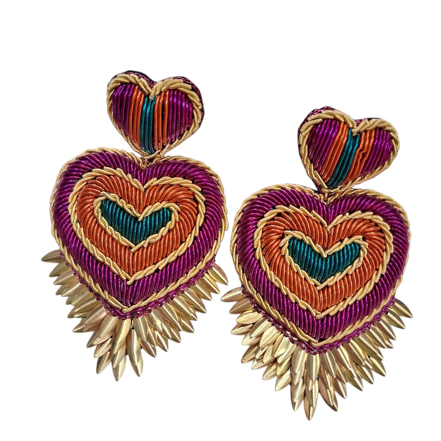 Boucles d’Oreilles Cœur Sacré Brodées à la Main avec Détails Dorés