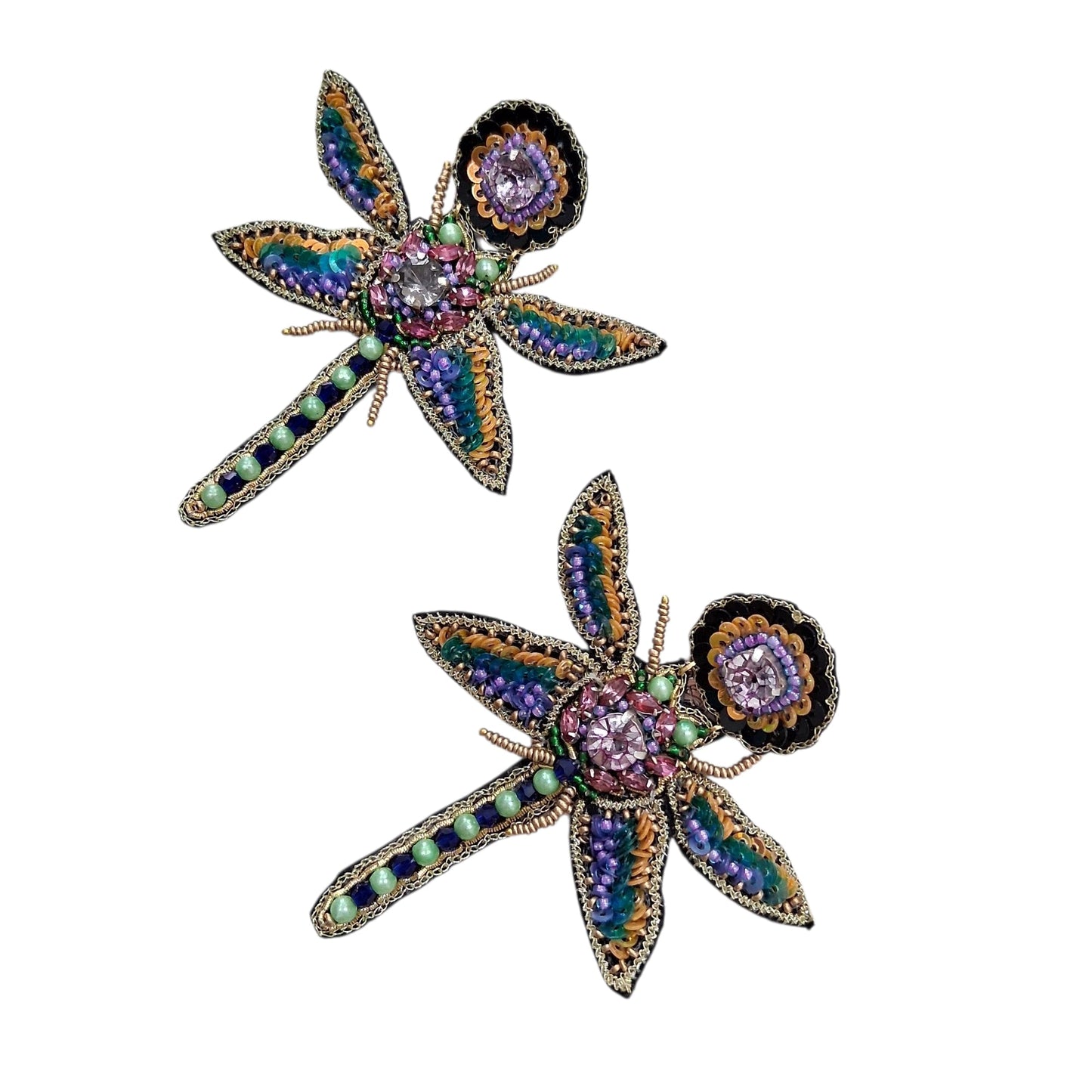 Hand-Embroidered Dragonfly Earrings with Beads and Sequins
