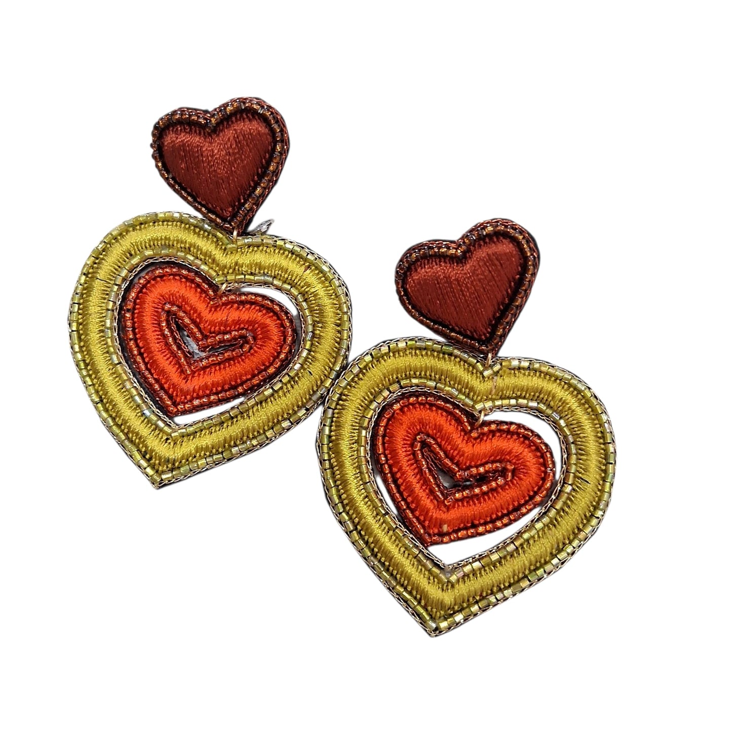 Hand-Embroidered Double Heart Earrings in Gold and Copper Tones