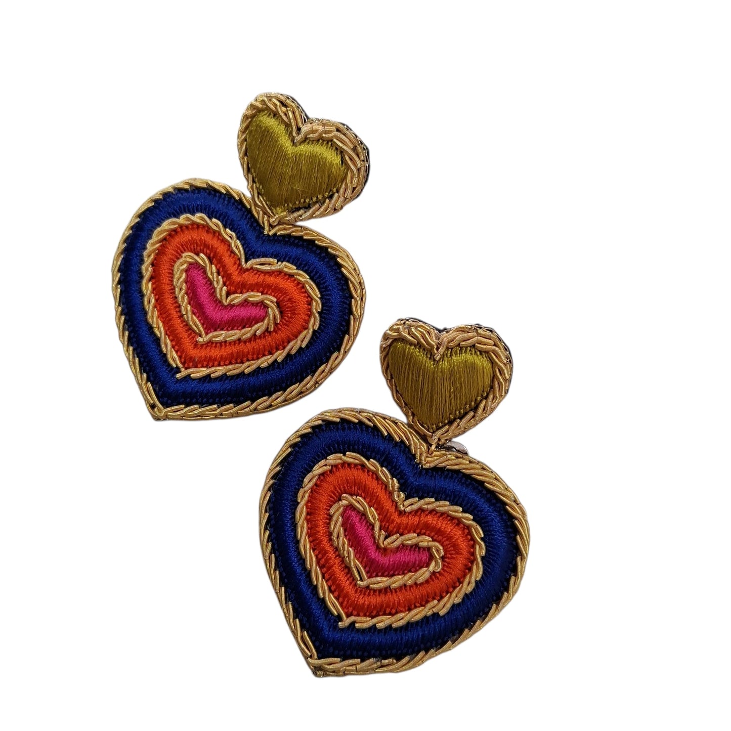 Hand-Embroidered Double Heart Earrings in Gold and Copper Tones
