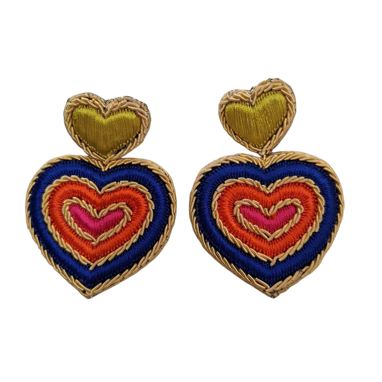 Hand-Embroidered Double Heart Earrings in Gold and Copper Tones