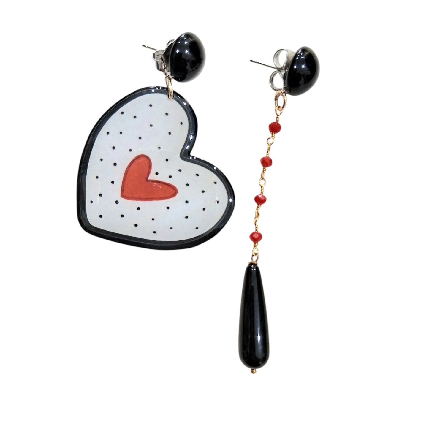 Boucles d’oreilles Cœur Pois Noir & Rouge