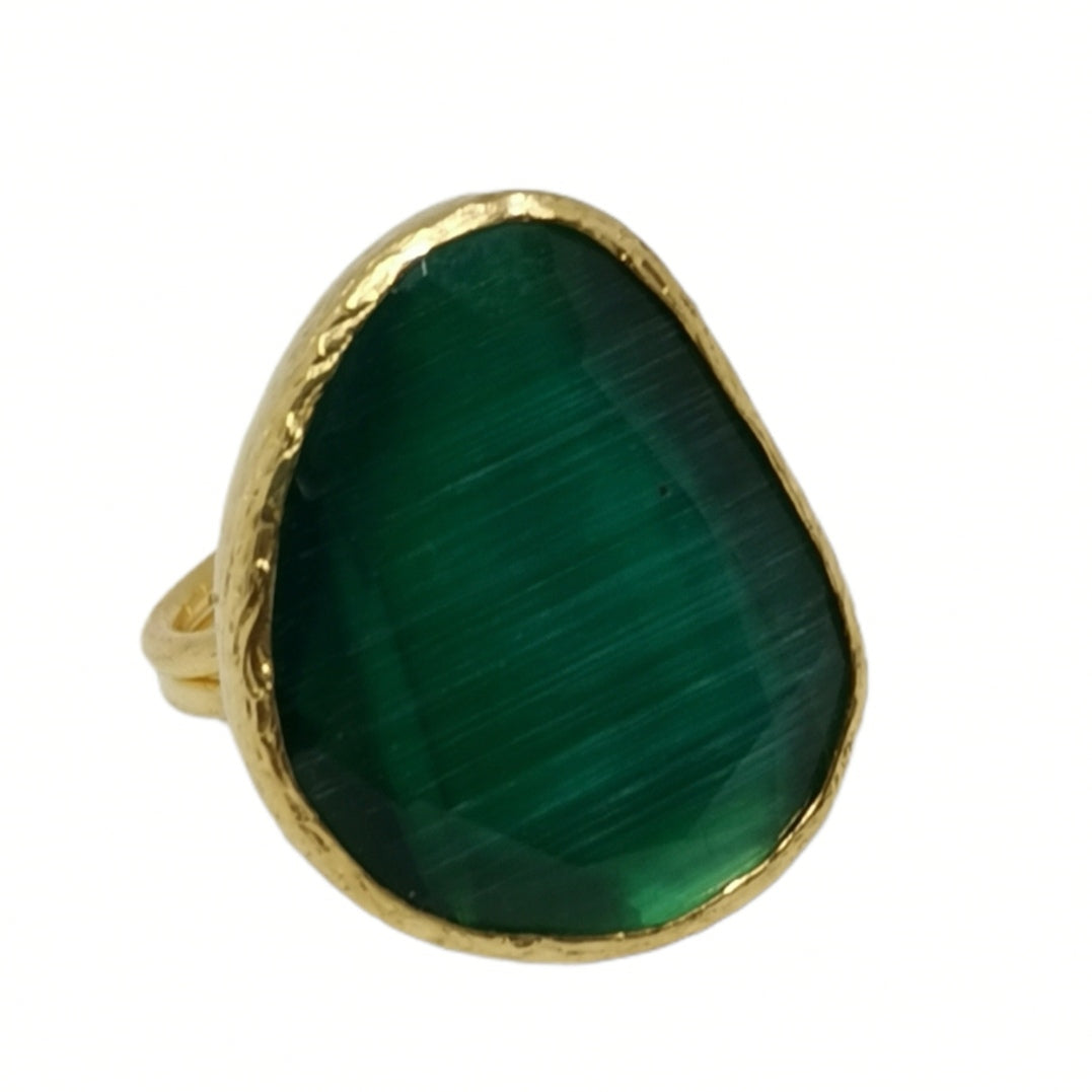 Bague Lumineuse en Laiton Plaqué Or ou Argent avec Pierre Œil de Chat - Cose di Bottega