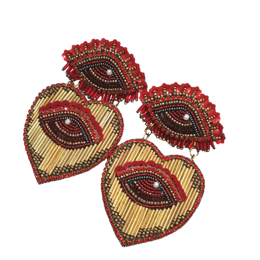 Boucles d’oreilles statement Œil & Cœur brodées main, perles & sequins