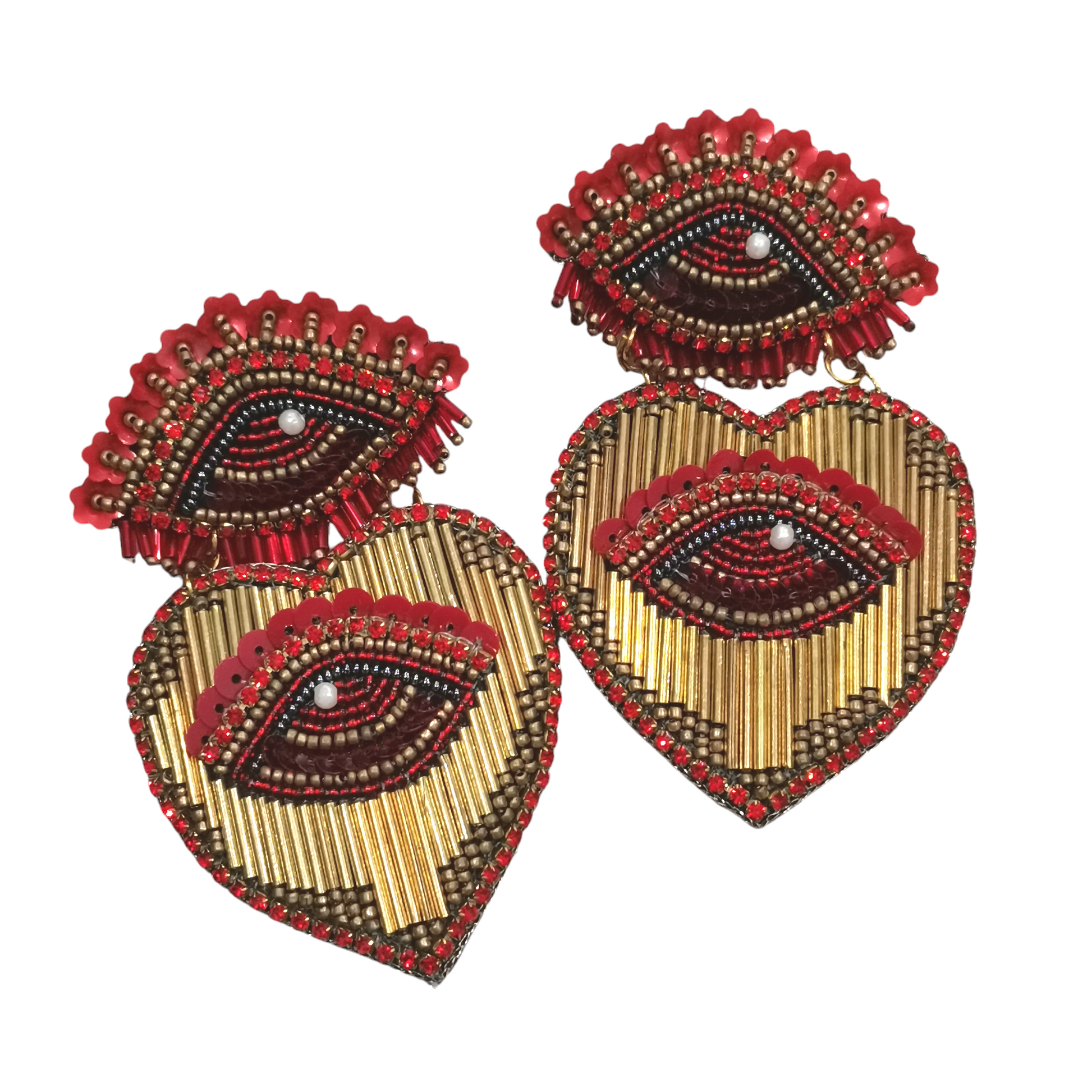 Boucles d’oreilles statement Œil & Cœur brodées main, perles & sequins - Cose di Bottega