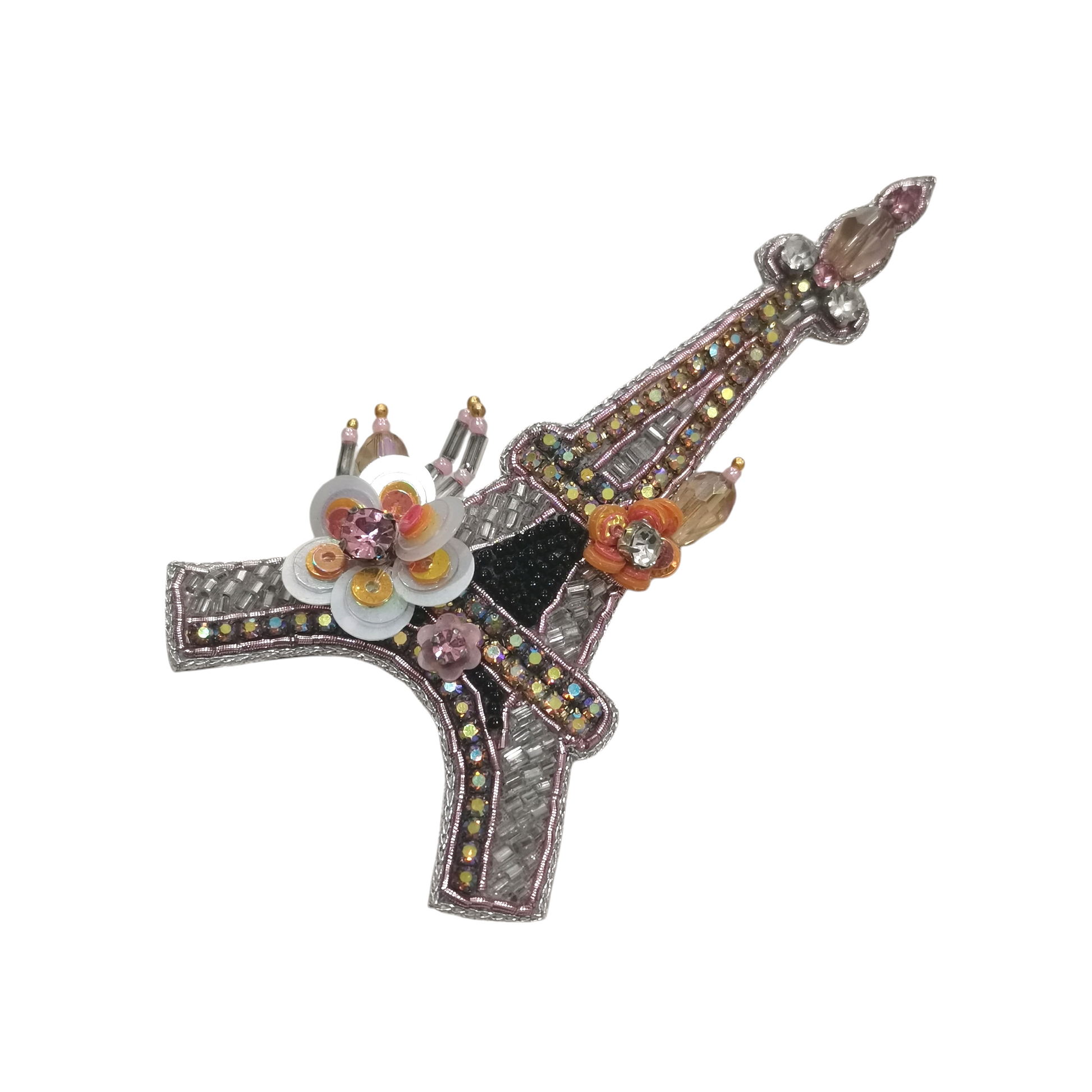 Broche Artisanale Tour Eiffel avec Cristaux et Fleurs Roses en Paillettes - Cose di Bottega