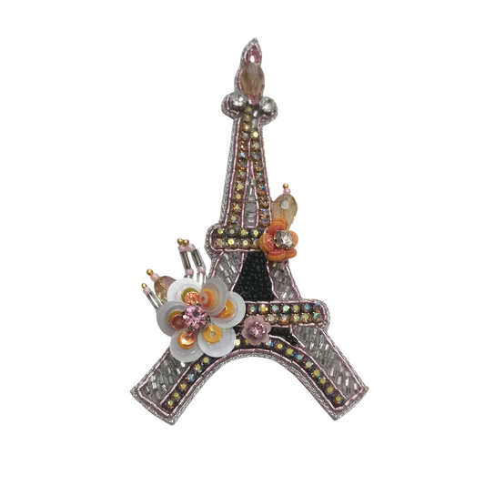 Broche Artisanale Tour Eiffel avec Cristaux et Fleurs Roses en Paillettes - Cose di Bottega
