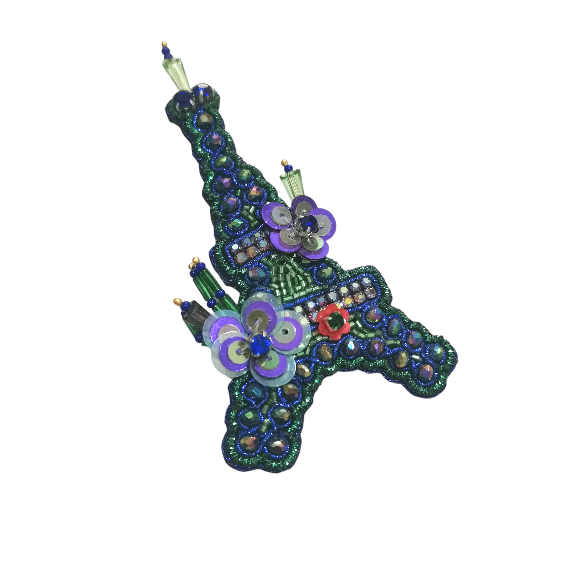 Broche Artisanale Tour Eiffel avec Cristaux et Fleurs Violettes en Paillettes - Cose di Bottega