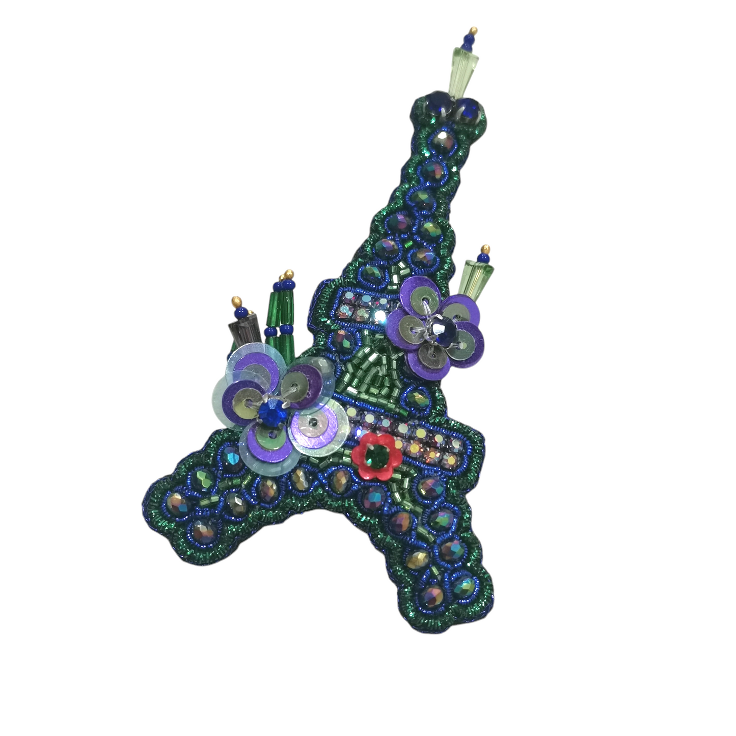 Broche Artisanale Tour Eiffel avec Cristaux et Fleurs Violettes en Paillettes - Cose di Bottega
