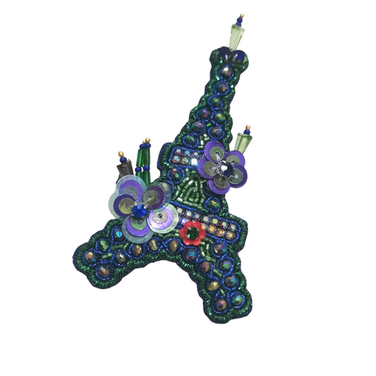 Broche Artisanale Tour Eiffel avec Cristaux et Fleurs Violettes en Paillettes - Cose di Bottega