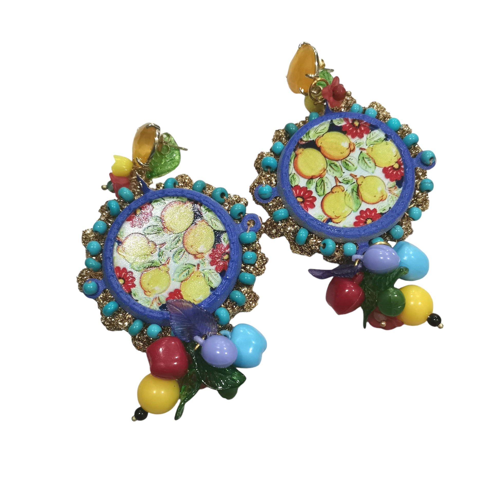 Boucles d'Oreilles Artisanales avec Motif Citrons et Détails Colorés - Cose di Bottega