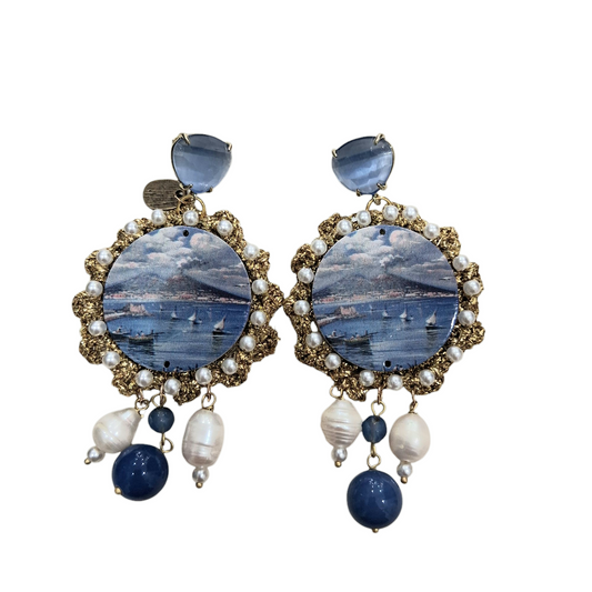 Boucles d’Oreilles Pendantes "Vue Marine" avec Perles et Pierres Bleues