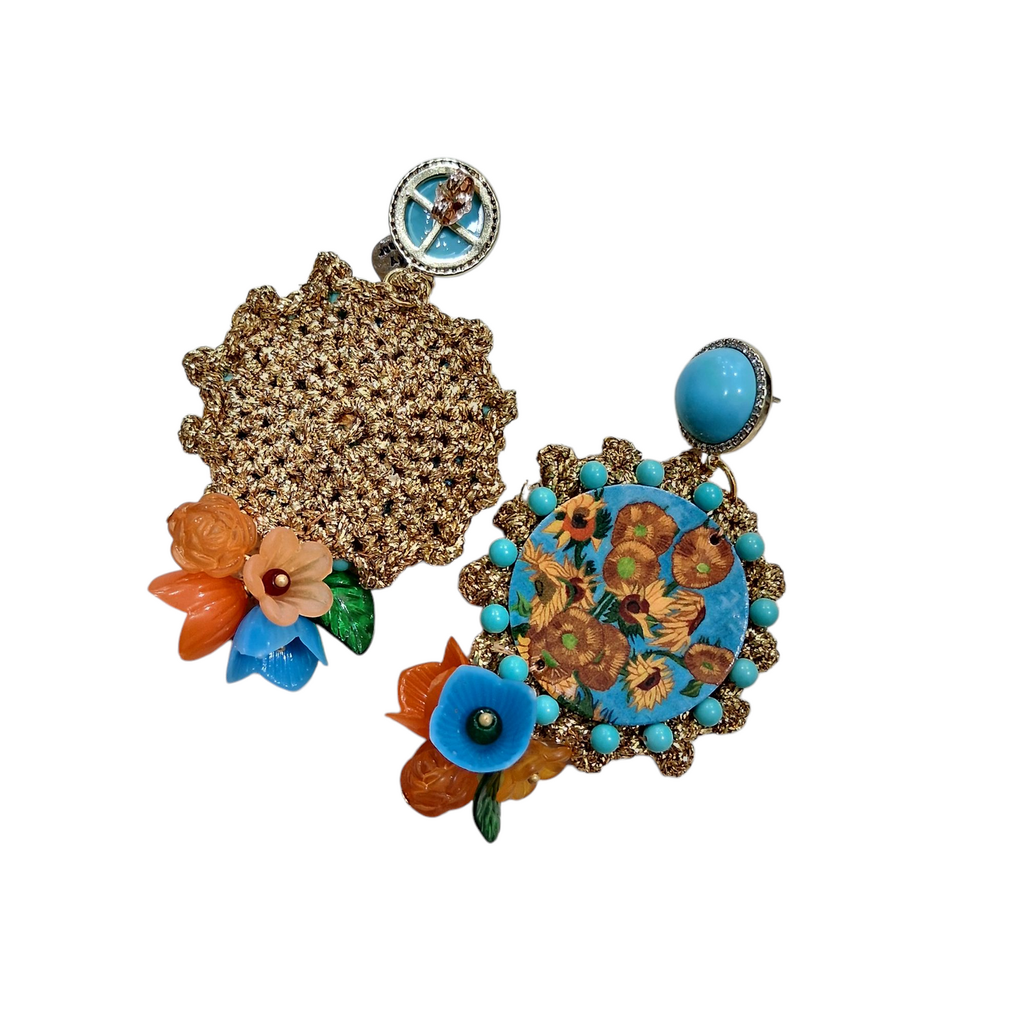 Boucles d’Oreilles "Tournesols en Bleu" en Résine et Crochet Doré