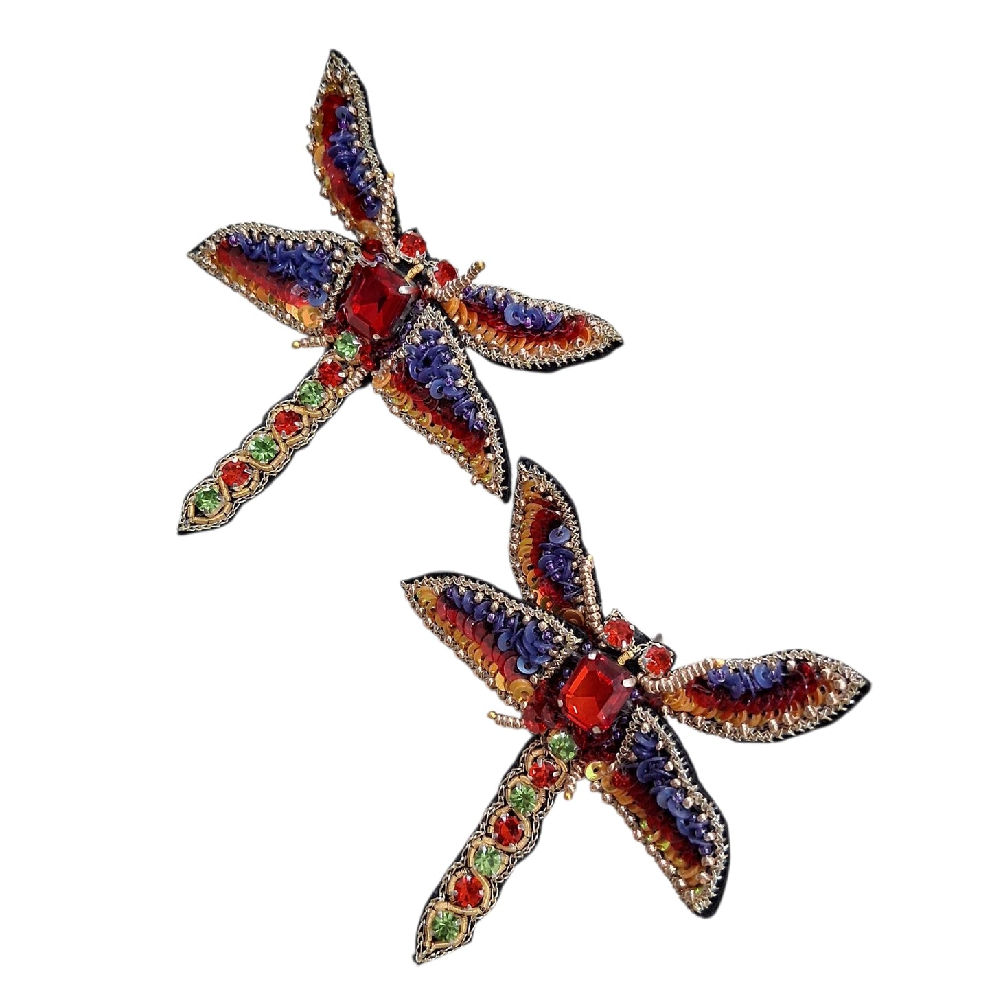 Hand-Embroidered Dragonfly Earrings with Red Crystals and Multicolor Sequins