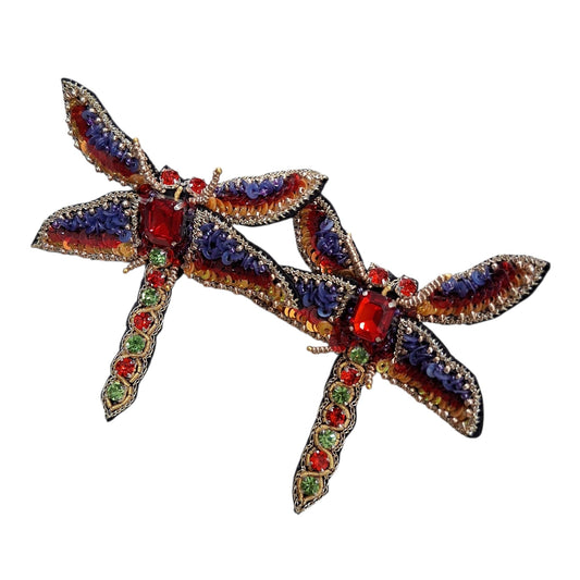 Hand-Embroidered Dragonfly Earrings with Red Crystals and Multicolor Sequins