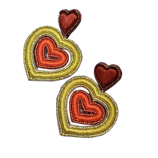 Hand-Embroidered Double Heart Earrings in Gold and Copper Tones