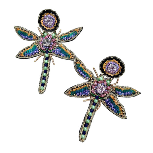 Hand-Embroidered Dragonfly Earrings with Beads and Sequins