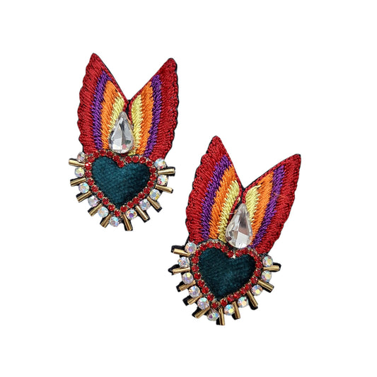 Boucles d’Oreilles Cœur Sacré Brodées à la Main avec Détails Dorés - Cose di Bottega