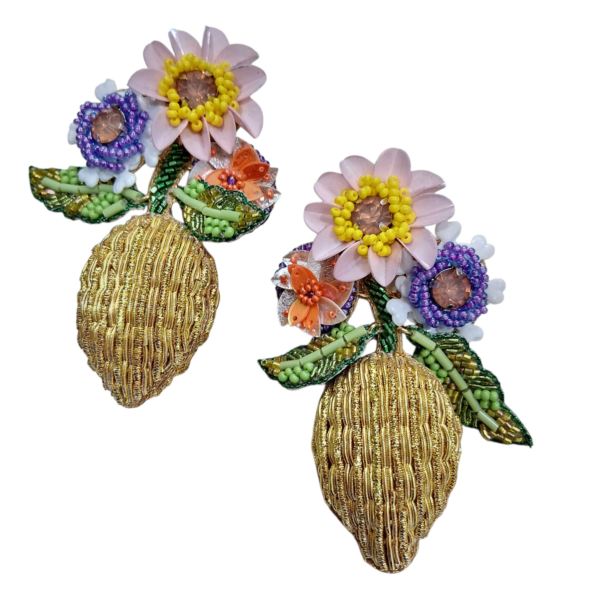Boucles d’oreilles “Citron Fleuri”brodées main - Cose di Bottega