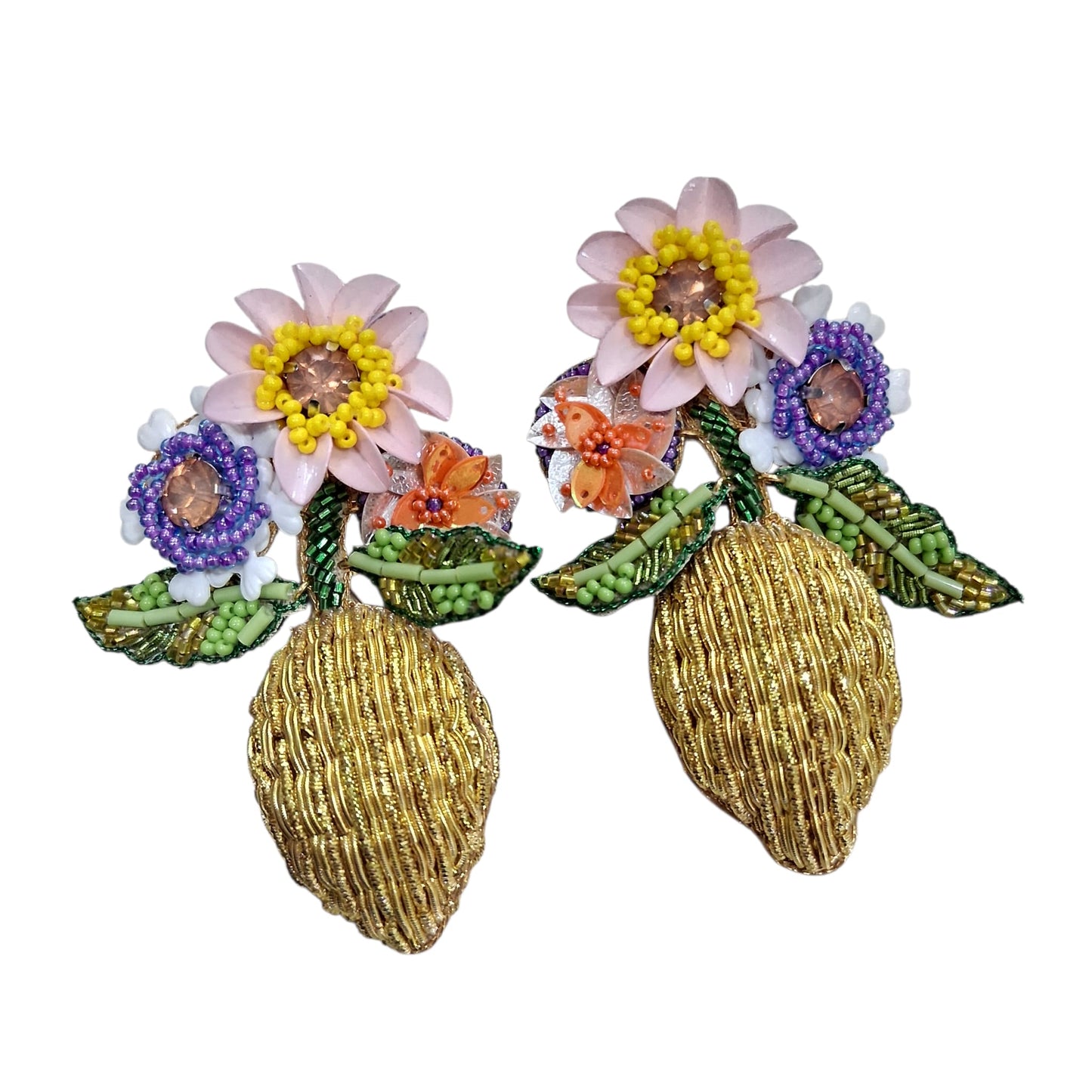 Boucles d’oreilles “Citron Fleuri”brodées main - Cose di Bottega