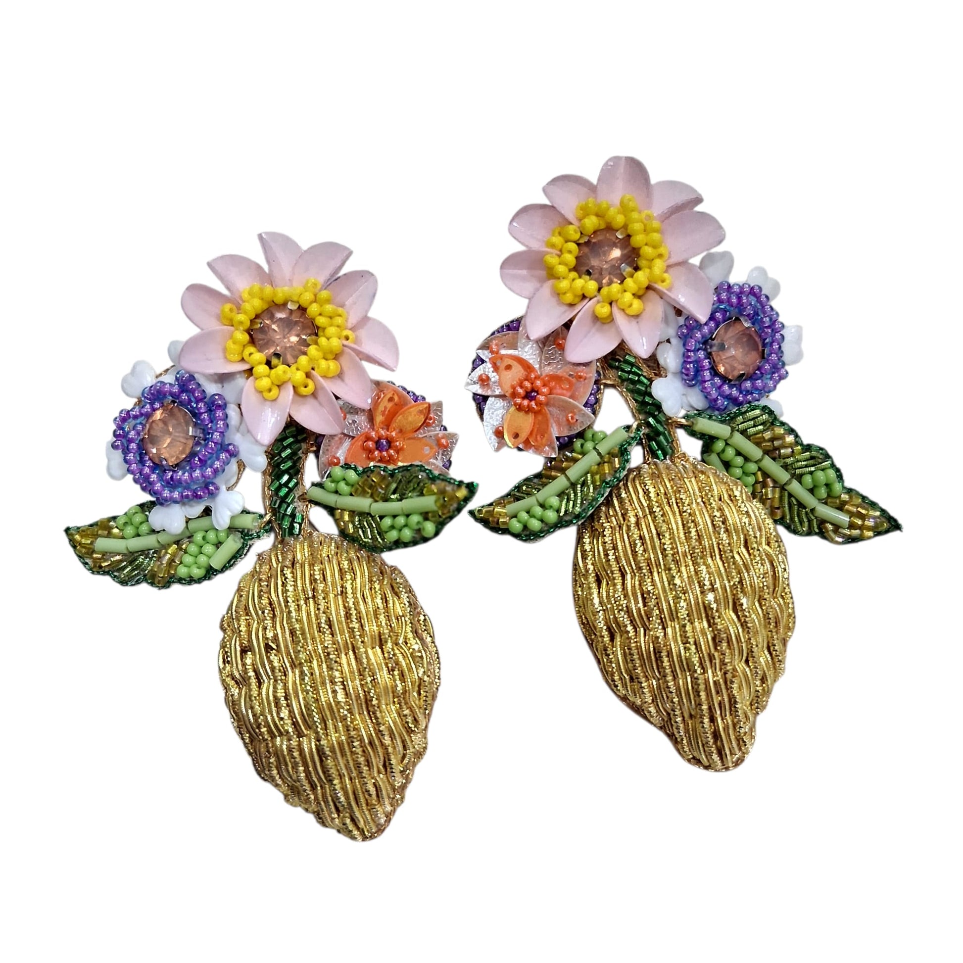 Boucles d’oreilles “Citron Fleuri”brodées main - Cose di Bottega