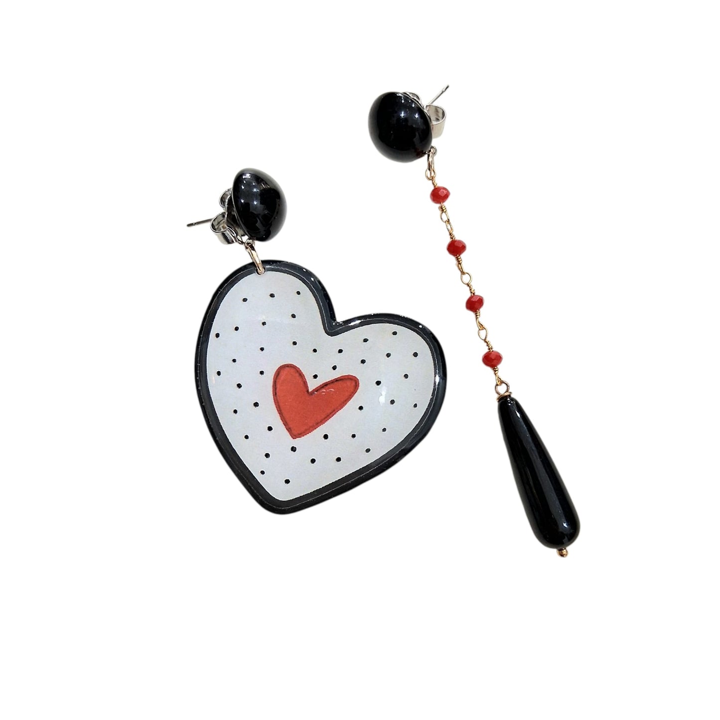 Boucles d’oreilles Cœur Pois Noir & Rouge