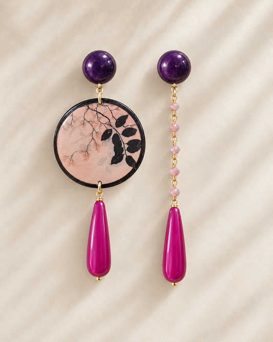 Boucles d’oreilles branches roses en plexiglas et cristaux